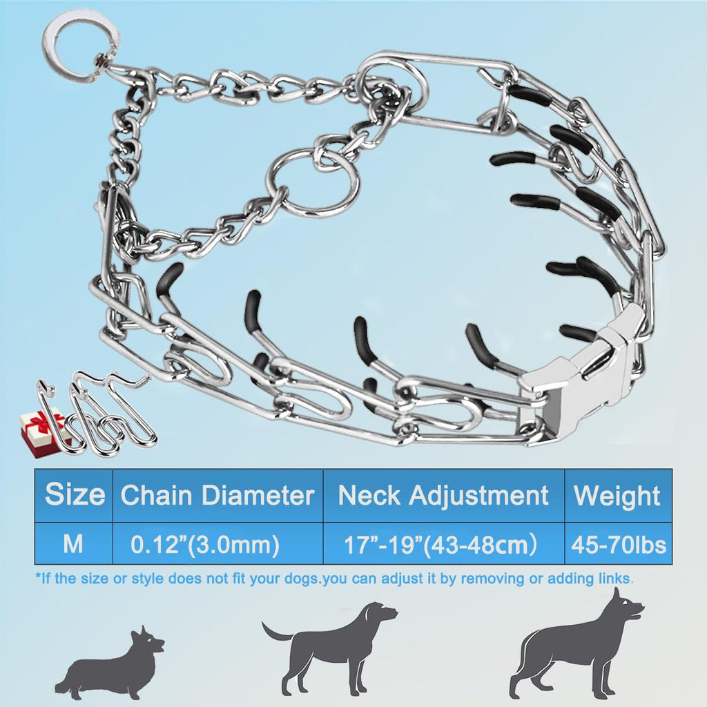 Safiman Prong Dog Collar with Quick Release Buckle – Adjustable No-Pull Training Collar for Small to Extra-Large Dogs (Silver, Stainless Steel, Includes Extra Links & Rubber Caps)