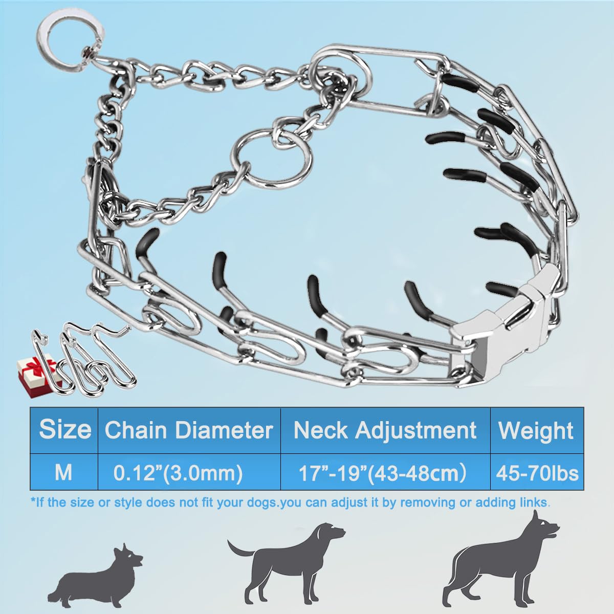 Safiman Prong Dog Collar with Quick Release Buckle – Adjustable No-Pull Training Collar for Small to Extra-Large Dogs (Silver, Stainless Steel, Includes Extra Links & Rubber Caps)