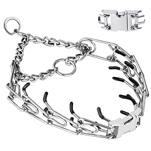 Safiman Prong Dog Collar with Quick Release Buckle – Adjustable No-Pull Training Collar for Small to Extra-Large Dogs (Silver, Stainless Steel, Includes Extra Links & Rubber Caps)