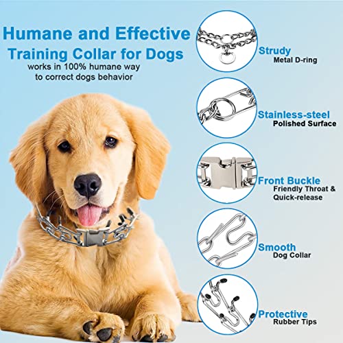 Safiman Prong Dog Collar with Quick Release Buckle – Adjustable No-Pull Training Collar for Small to Extra-Large Dogs (Silver, Stainless Steel, Includes Extra Links & Rubber Caps)