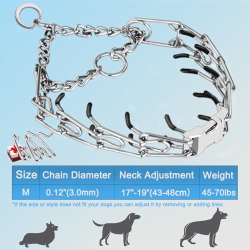 Safiman Prong Dog Collar with Quick Release Buckle – Adjustable No-Pull Training Collar for Small to Extra-Large Dogs (Silver, Stainless Steel, Includes Extra Links & Rubber Caps)