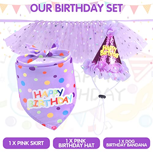 SCENEREAL Large Dog Birthday Bandana, Hat & Tutu Skirt Set - Purple Party Outfit for Medium Big Dogs