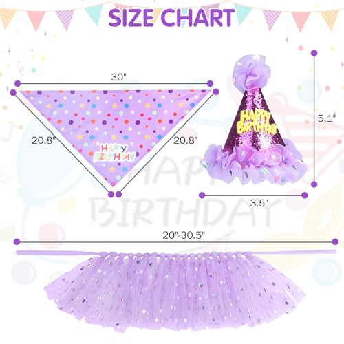SCENEREAL Large Dog Birthday Bandana, Hat & Tutu Skirt Set - Purple Party Outfit for Medium Big Dogs