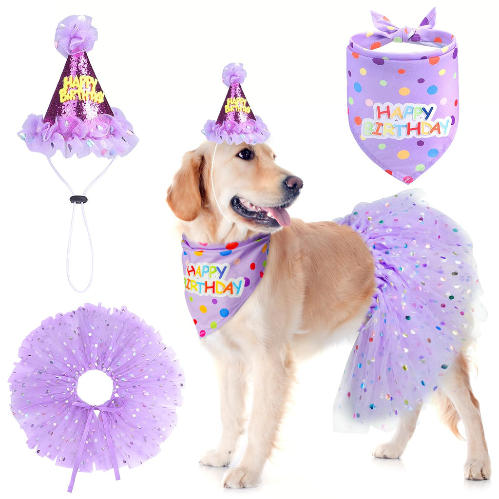 SCENEREAL Large Dog Birthday Bandana, Hat & Tutu Skirt Set - Purple Party Outfit for Medium Big Dogs