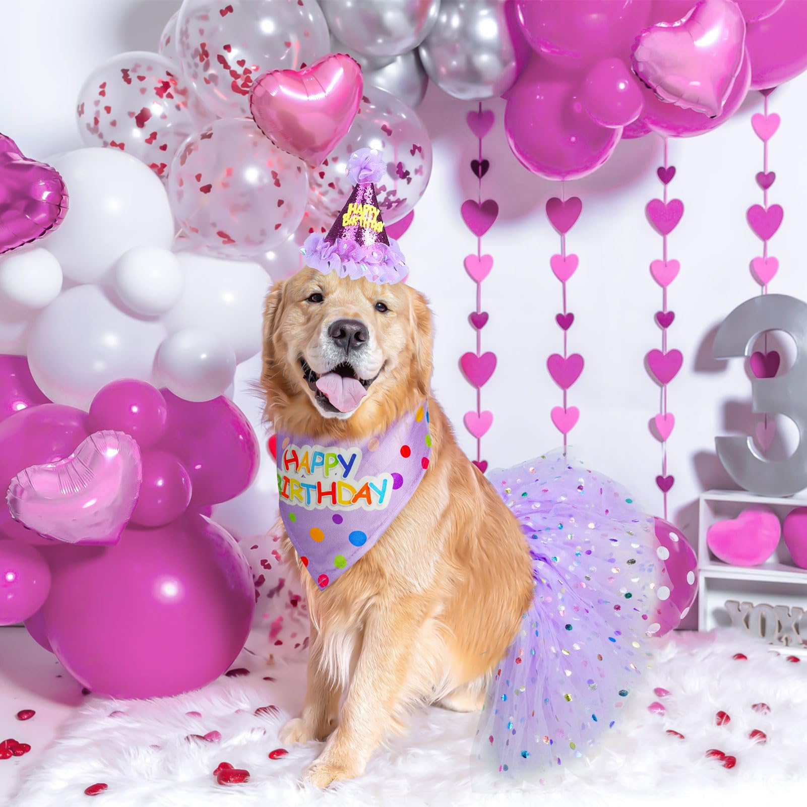 SCENEREAL Large Dog Birthday Bandana, Hat & Tutu Skirt Set - Purple Party Outfit for Medium Big Dogs