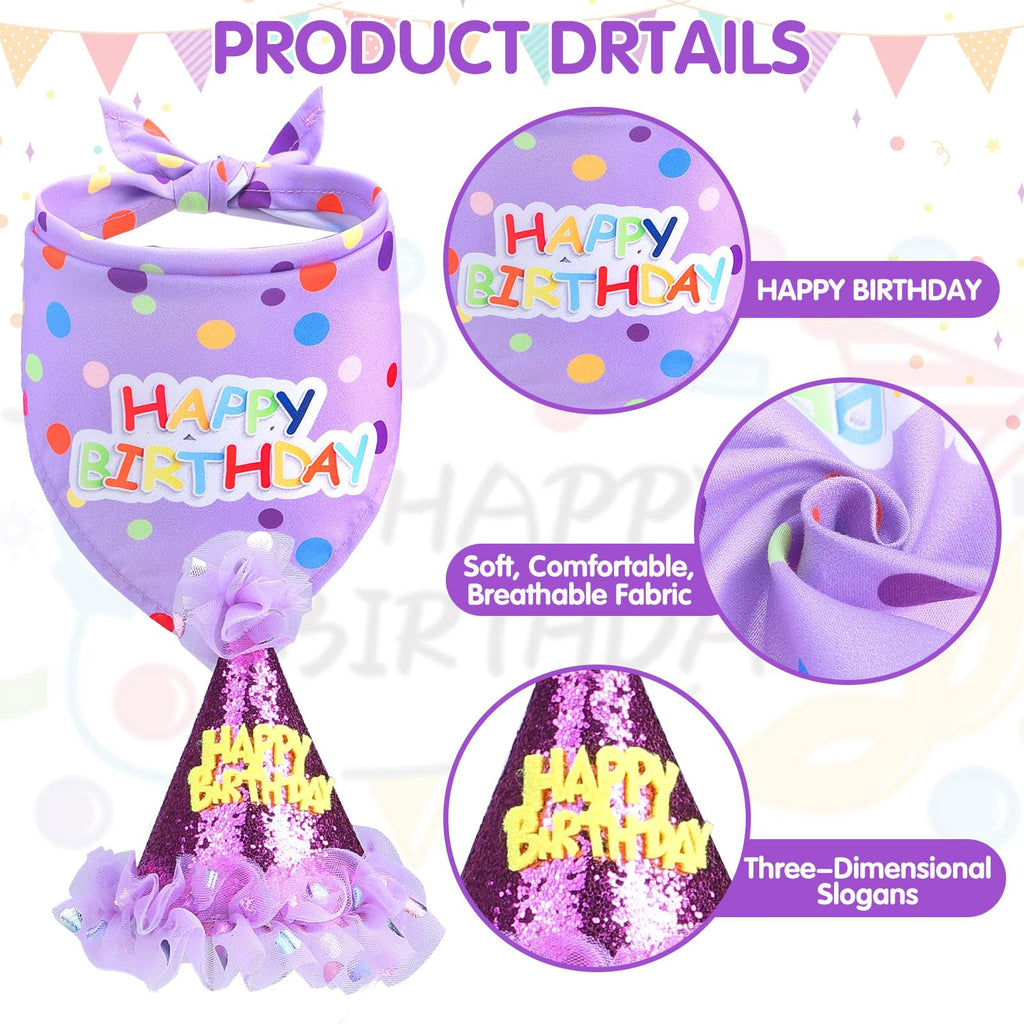 SCENEREAL Large Dog Birthday Bandana, Hat & Tutu Skirt Set - Purple Party Outfit for Medium Big Dogs