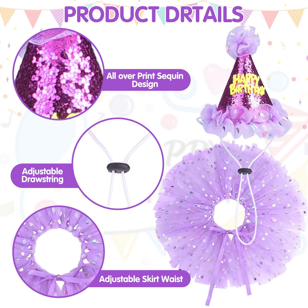 SCENEREAL Large Dog Birthday Bandana, Hat & Tutu Skirt Set - Purple Party Outfit for Medium Big Dogs