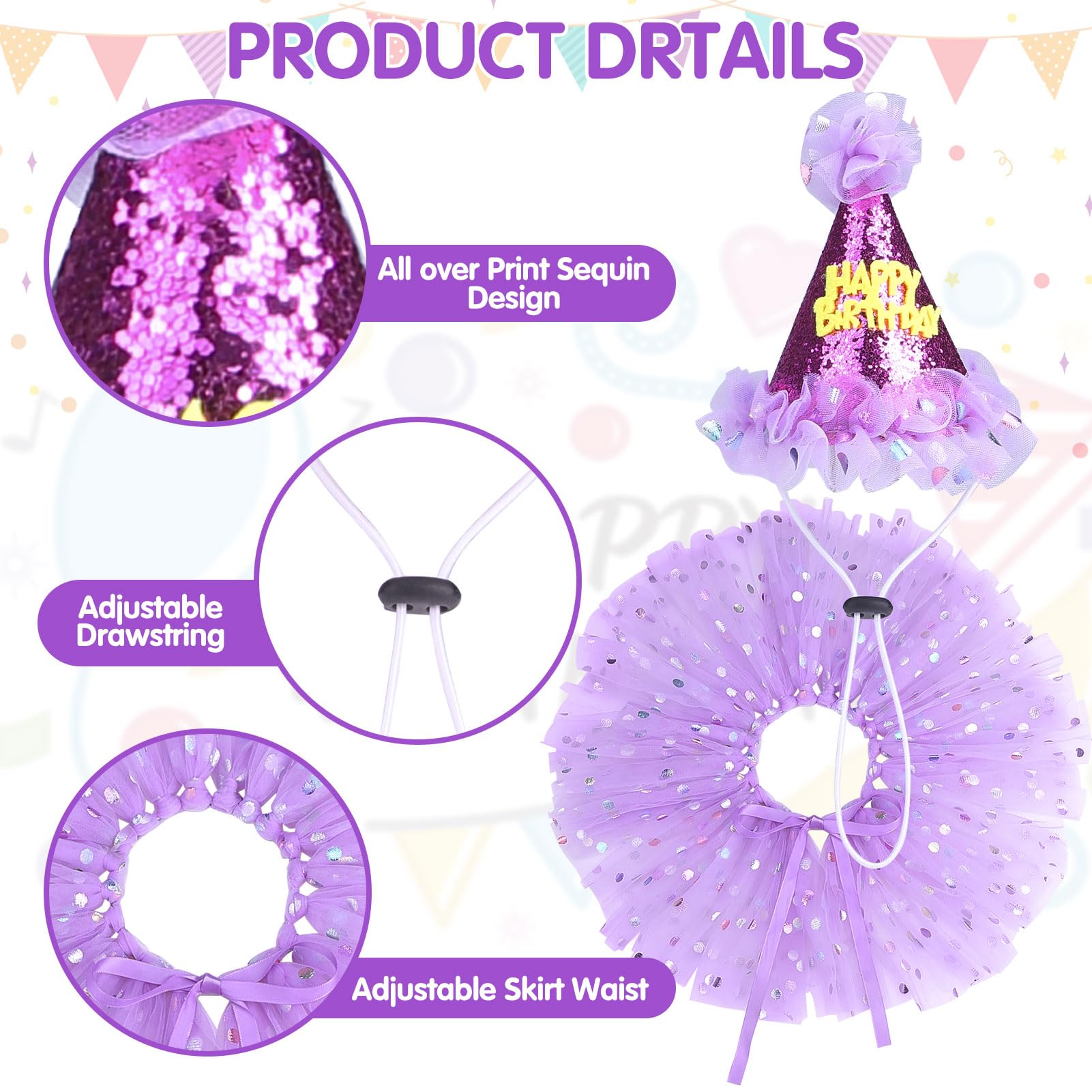 SCENEREAL Large Dog Birthday Bandana, Hat & Tutu Skirt Set - Purple Party Outfit for Medium Big Dogs