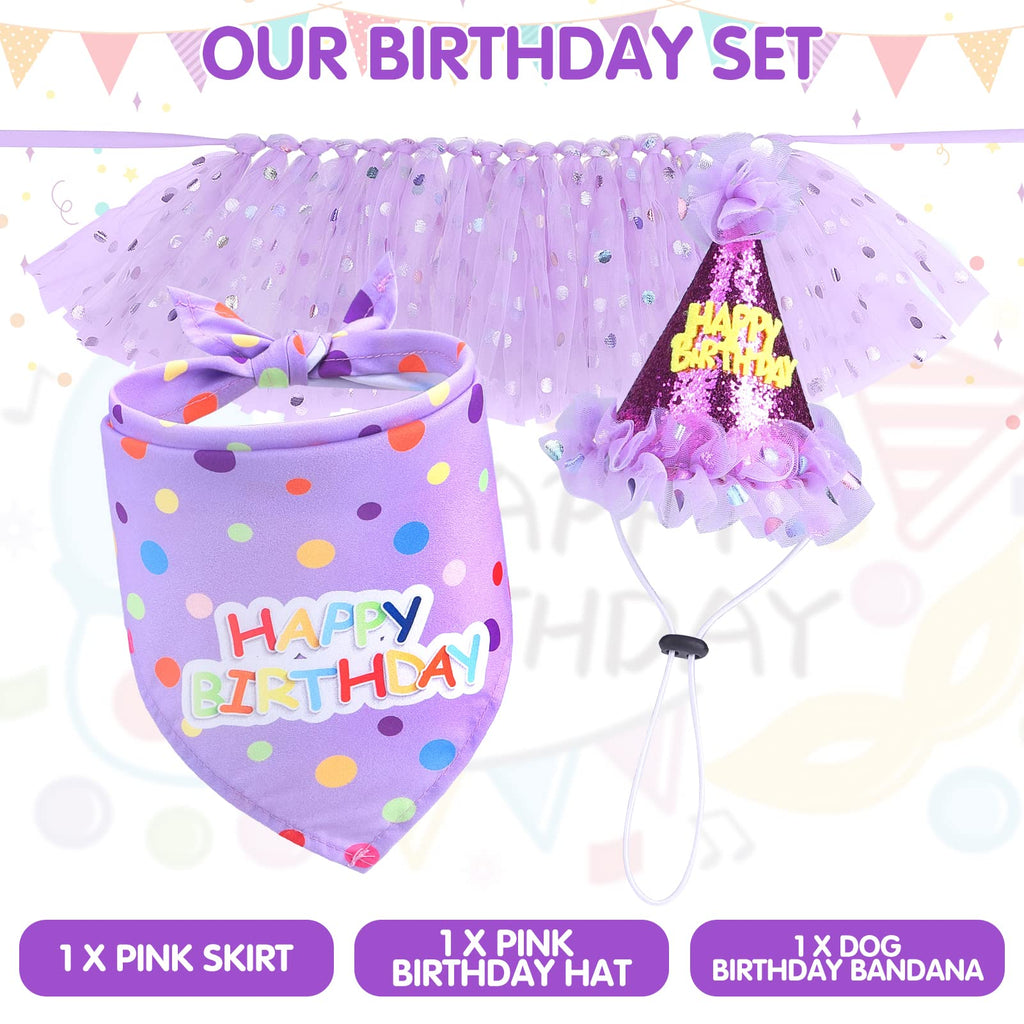 SCENEREAL Large Dog Birthday Bandana, Hat & Tutu Skirt Set - Purple Party Outfit for Medium Big Dogs