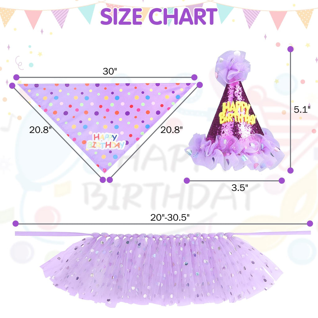 SCENEREAL Large Dog Birthday Bandana, Hat & Tutu Skirt Set - Purple Party Outfit for Medium Big Dogs