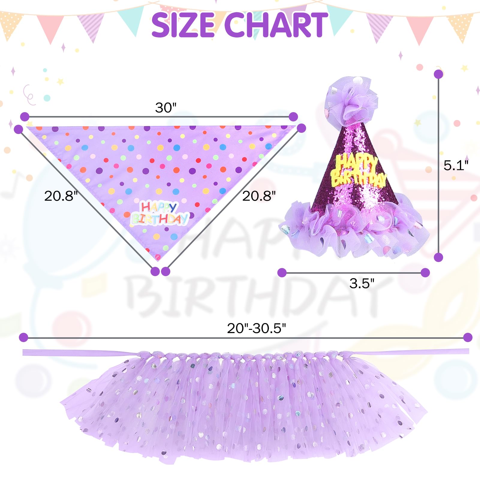 SCENEREAL Large Dog Birthday Bandana, Hat & Tutu Skirt Set - Purple Party Outfit for Medium Big Dogs