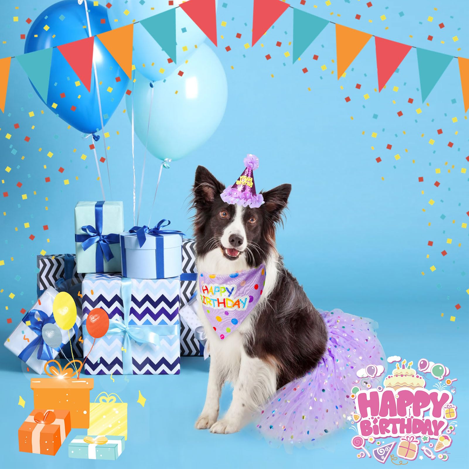 SCENEREAL Large Dog Birthday Bandana, Hat & Tutu Skirt Set - Purple Party Outfit for Medium Big Dogs