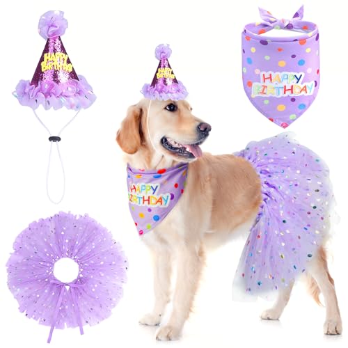 SCENEREAL Large Dog Birthday Bandana, Hat & Tutu Skirt Set - Purple Party Outfit for Medium Big Dogs
