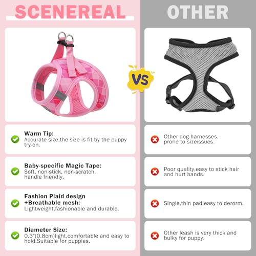 SCENEREAL Pink Plaid Dog Harness Set (Size M) – Step-in No Pull with Collar & Leash