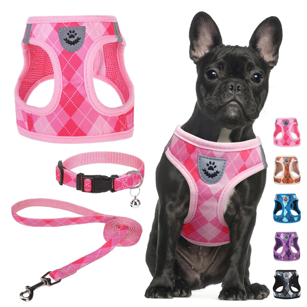 SCENEREAL Pink Plaid Dog Harness Set (Size M) – Step-in No Pull with Collar & Leash