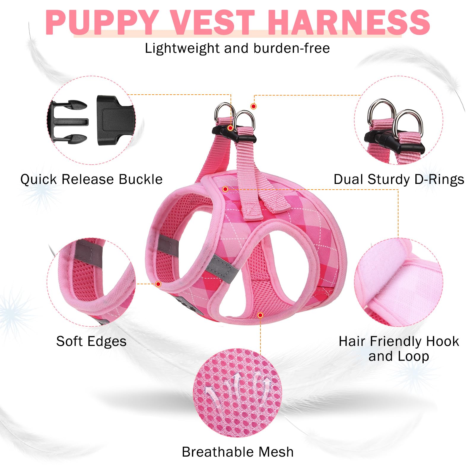 SCENEREAL Pink Plaid Dog Harness Set (Size M) – Step-in No Pull with Collar & Leash