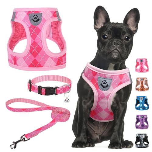 SCENEREAL Pink Plaid Dog Harness Set (Size M) – Step-in No Pull with Collar & Leash