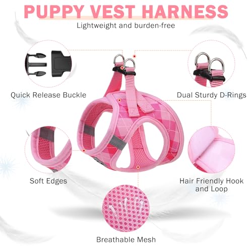 SCENEREAL Pink Plaid Dog Harness Set (Size M) – Step-in No Pull with Collar & Leash