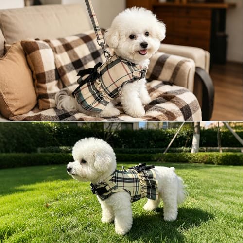 SCENEREAL Plaid Dog Harness and Leash Set – Soft Mesh Dress with Bow, Beige M for Small Dogs
