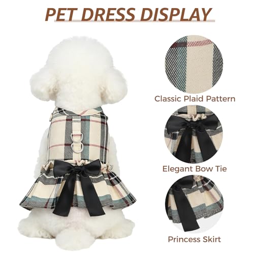 SCENEREAL Plaid Dog Harness and Leash Set – Soft Mesh Dress with Bow, Beige M for Small Dogs