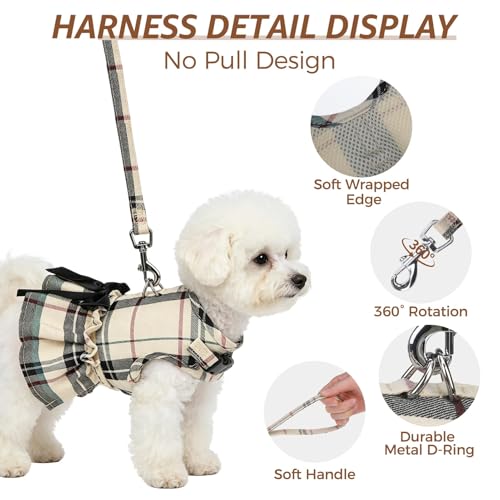 SCENEREAL Plaid Dog Harness and Leash Set – Soft Mesh Dress with Bow, Beige M for Small Dogs