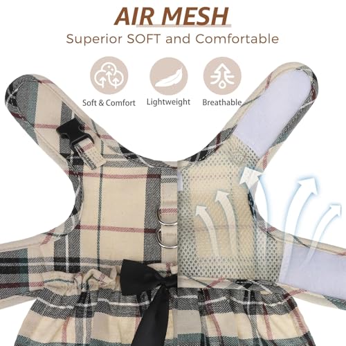 SCENEREAL Plaid Dog Harness and Leash Set – Soft Mesh Dress with Bow, Beige M for Small Dogs