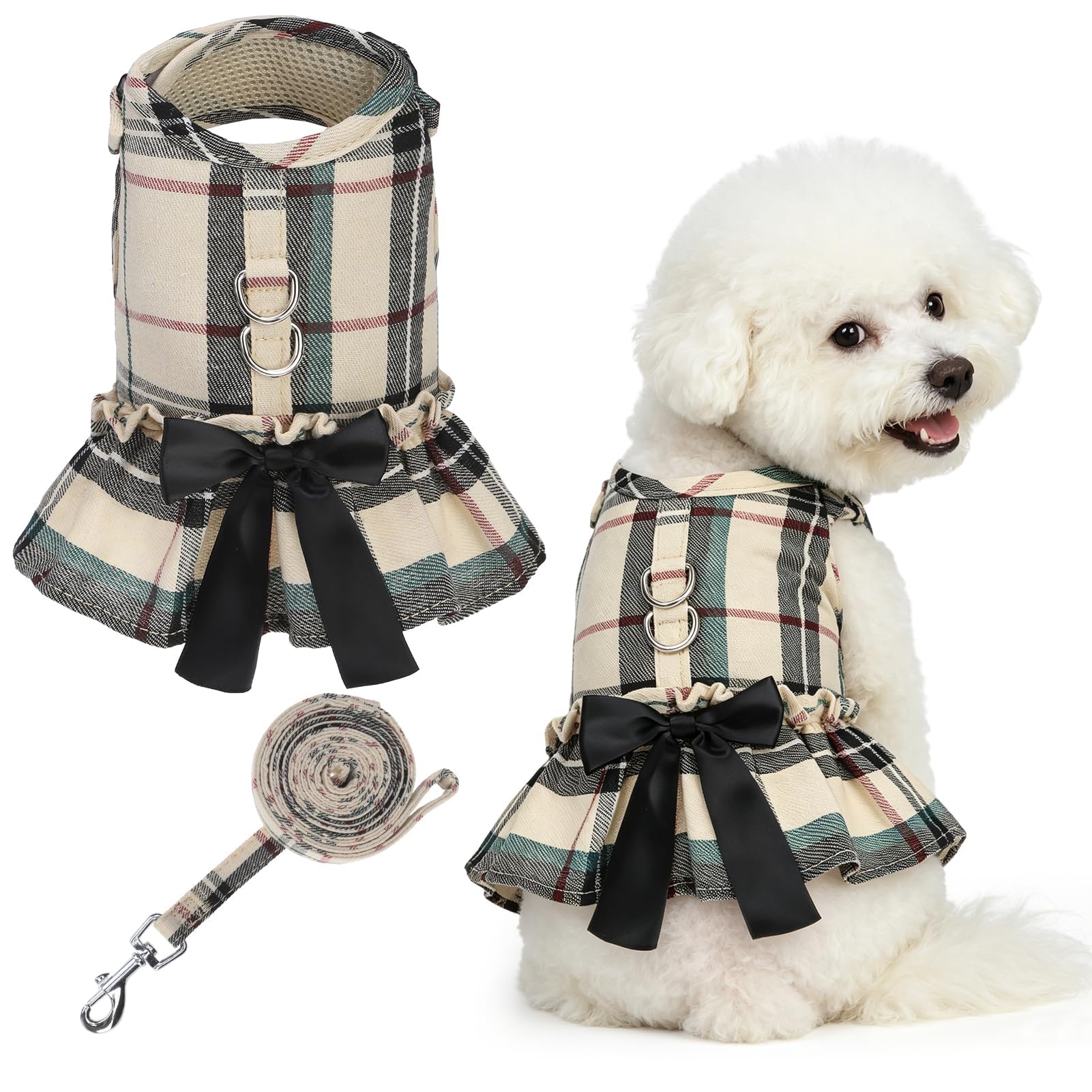 SCENEREAL Plaid Dog Harness and Leash Set – Soft Mesh Dress with Bow, Beige M for Small Dogs