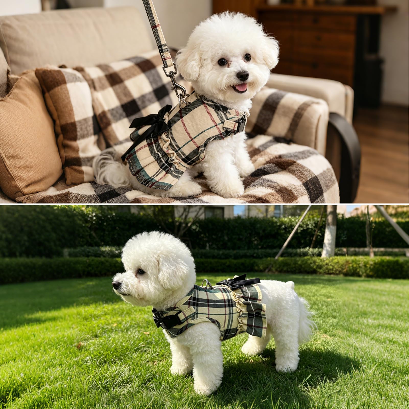 SCENEREAL Plaid Dog Harness and Leash Set – Soft Mesh Dress with Bow, Beige M for Small Dogs