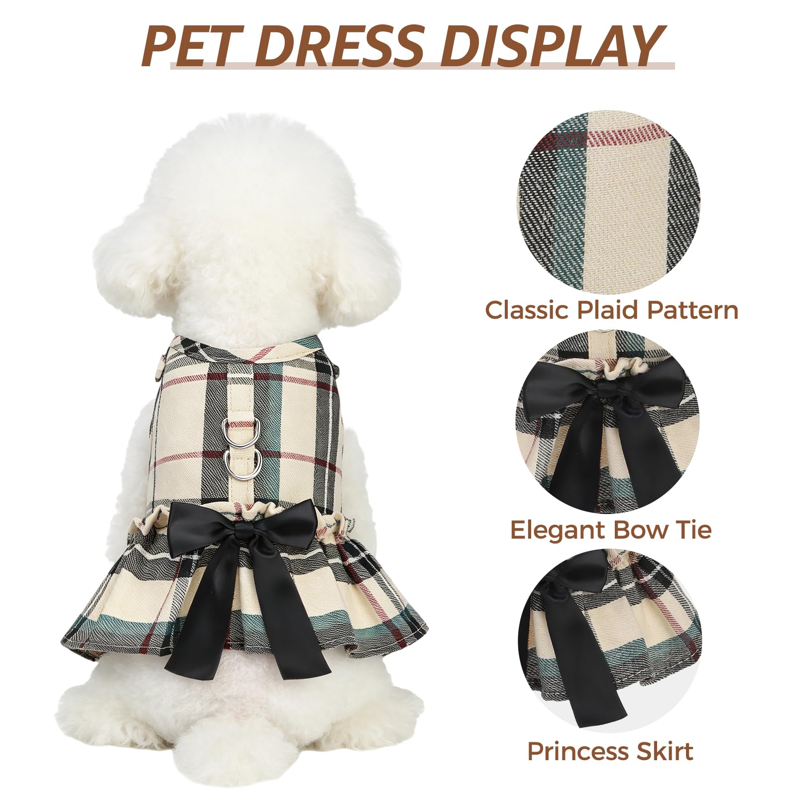 SCENEREAL Plaid Dog Harness and Leash Set – Soft Mesh Dress with Bow, Beige M for Small Dogs