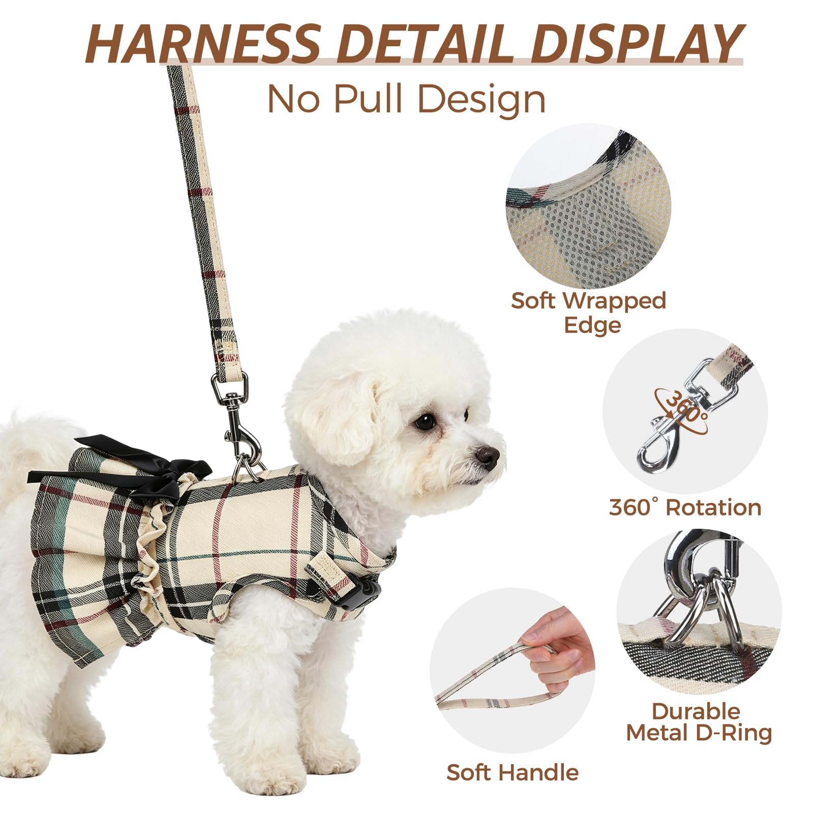 SCENEREAL Plaid Dog Harness and Leash Set – Soft Mesh Dress with Bow, Beige M for Small Dogs