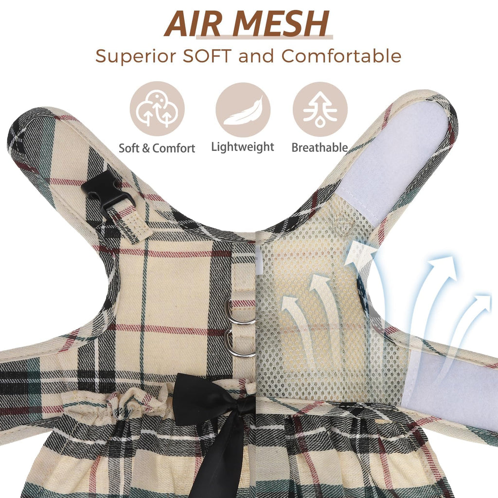 SCENEREAL Plaid Dog Harness and Leash Set – Soft Mesh Dress with Bow, Beige M for Small Dogs