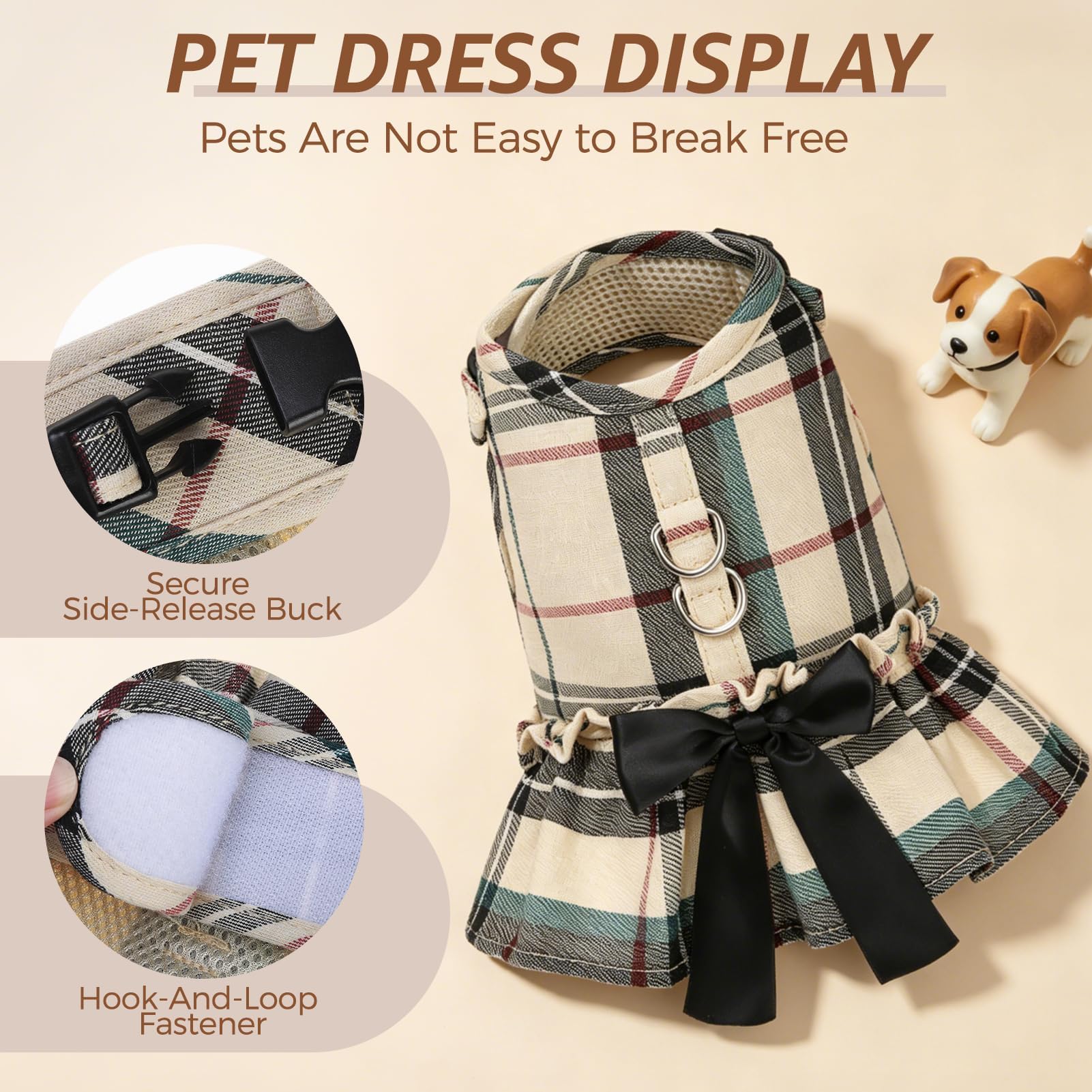 SCENEREAL Plaid Dog Harness and Leash Set – Soft Mesh Dress with Bow, Beige M for Small Dogs