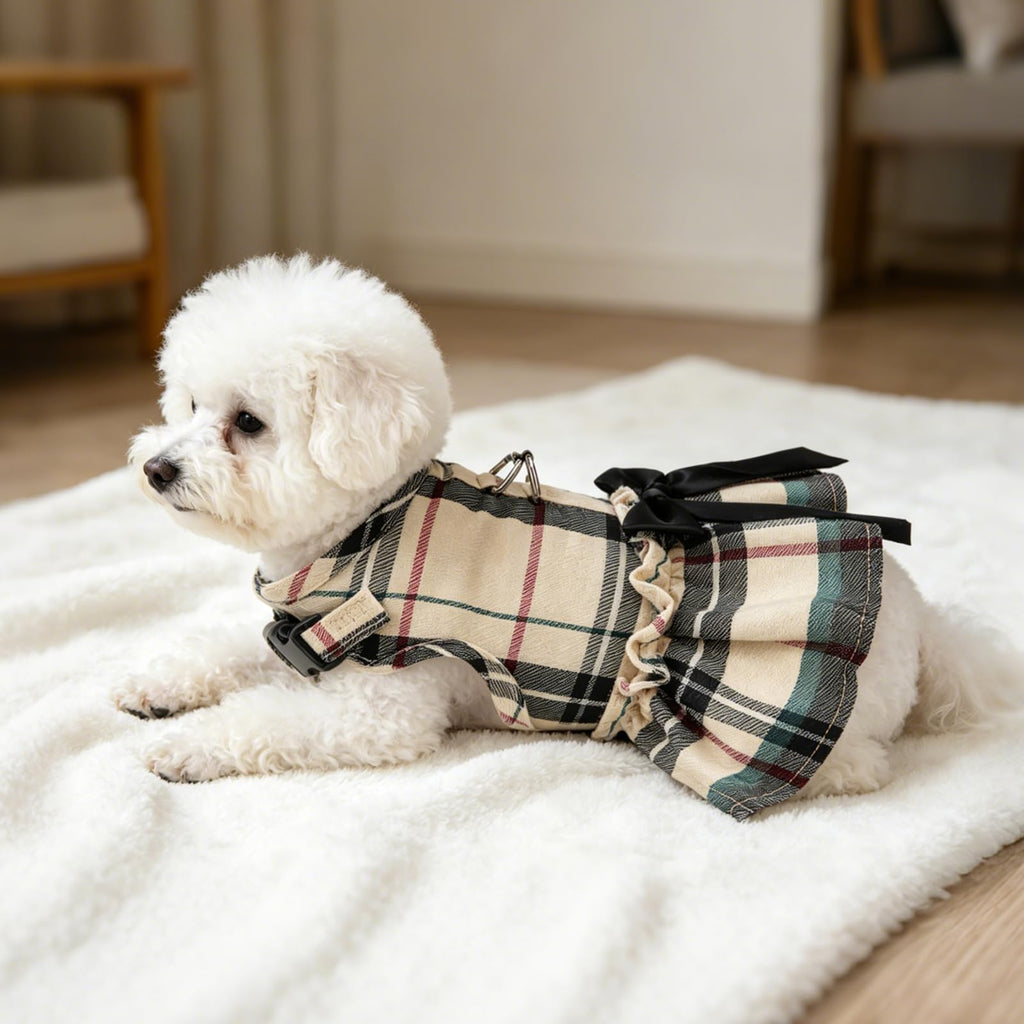 SCENEREAL Plaid Dog Harness and Leash Set – Soft Mesh Dress with Bow, Beige M for Small Dogs