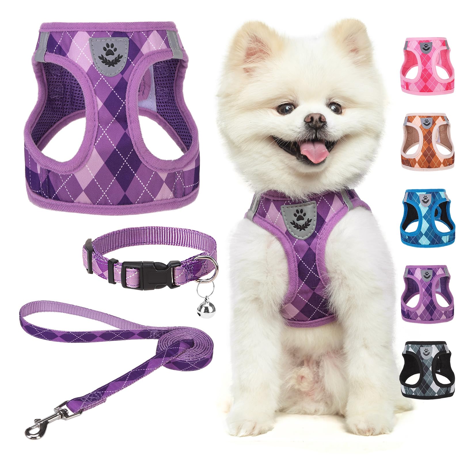 SCENEREAL Purple Plaid Small Dog Harness and Leash Set - No Pull, Reflective, Step-in XS