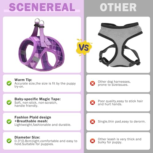 SCENEREAL Purple Plaid Small Dog Harness and Leash Set - No Pull, Reflective, Step-in XS