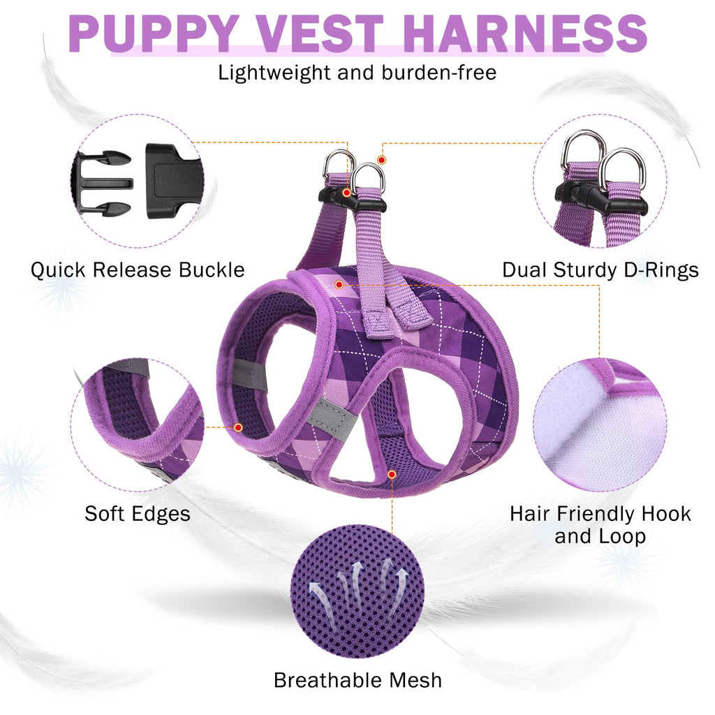 SCENEREAL Purple Plaid Small Dog Harness and Leash Set - No Pull, Reflective, Step-in XS