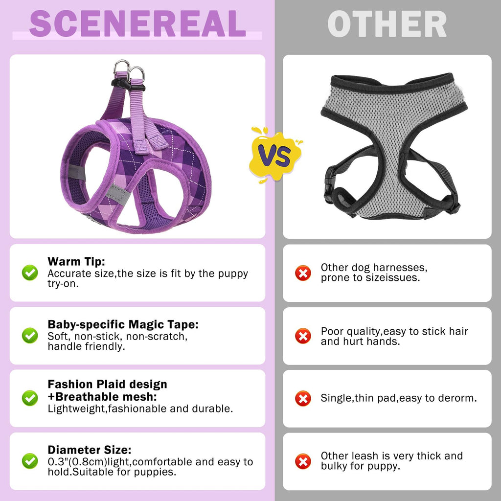 SCENEREAL Purple Plaid Small Dog Harness and Leash Set - No Pull, Reflective, Step-in XS