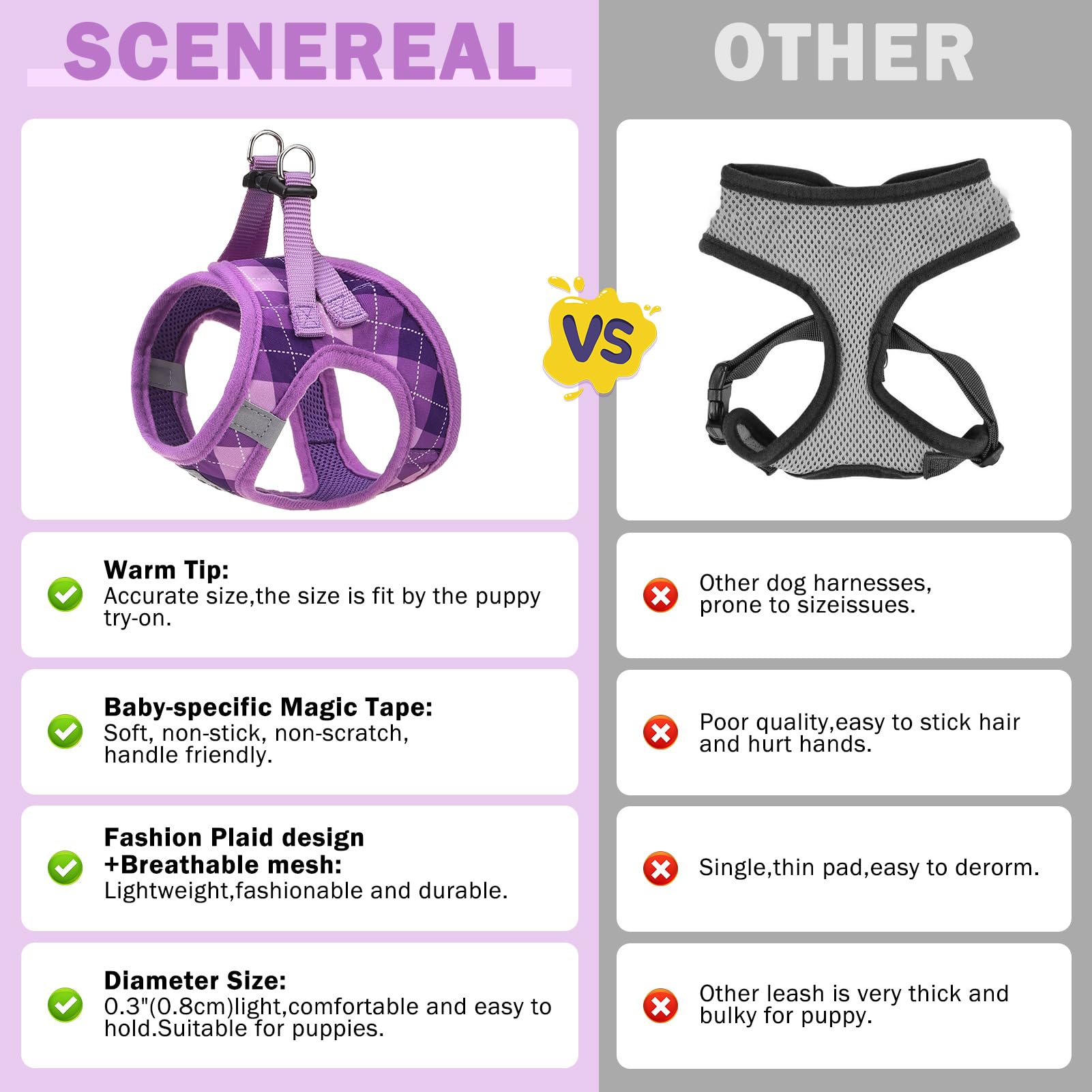 SCENEREAL Purple Plaid Small Dog Harness and Leash Set - No Pull, Reflective, Step-in XS