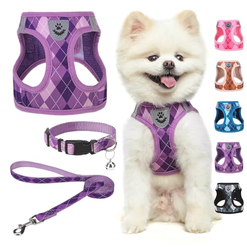 SCENEREAL Purple Plaid Small Dog Harness and Leash Set - No Pull, Reflective, Step-in XS