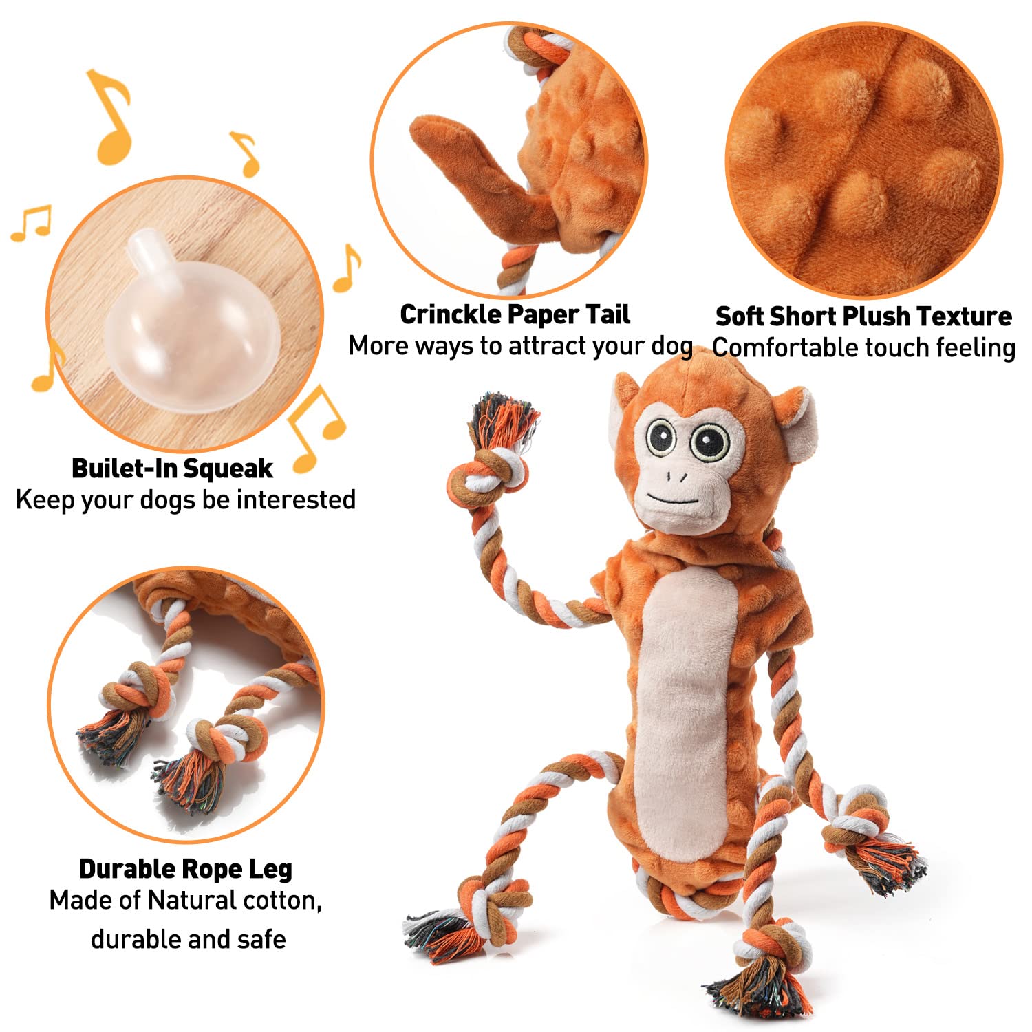 Sedioso Dog Tug Toy – Monkey Plush with Squeaker and Crinkle Paper for Interactive Play