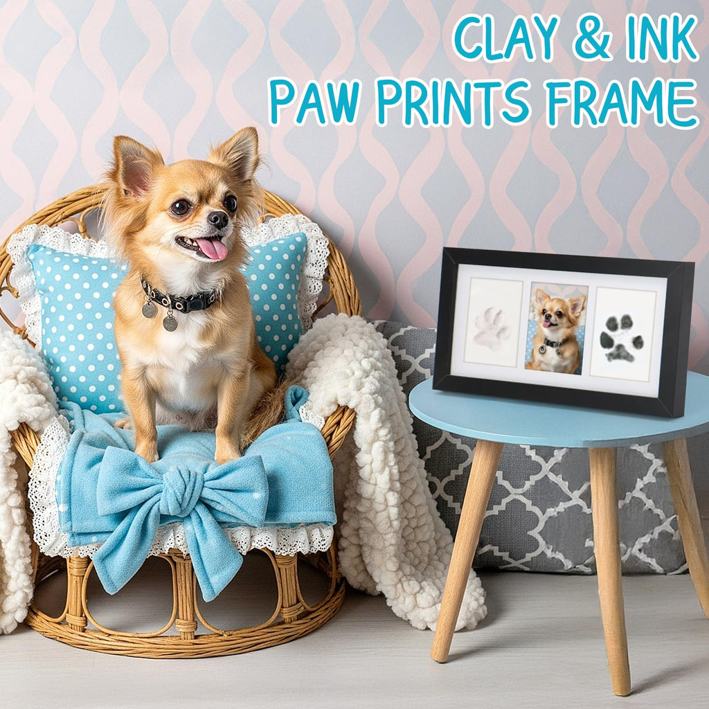 Seencool Dog Paw Print Frame Kit – Non-Toxic Clay & Clean Ink Pad, Wooden Memorial Frame for 3.5x5 Photos, Customizable Gift for Pet Lovers