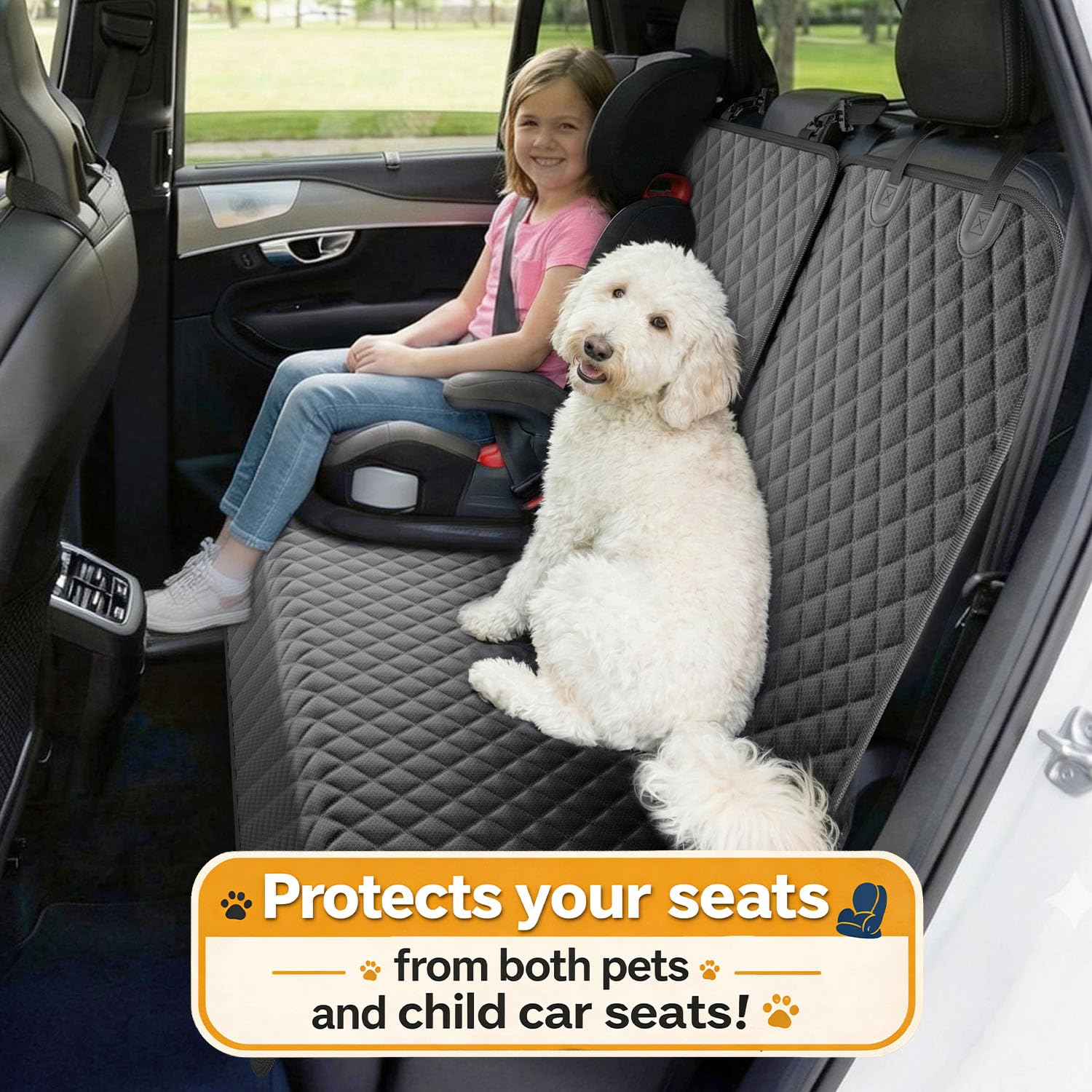 Seeseven Dog Car Seat Cover, Black, 52 inch, Waterproof Back Seat Protector with Armrest Access