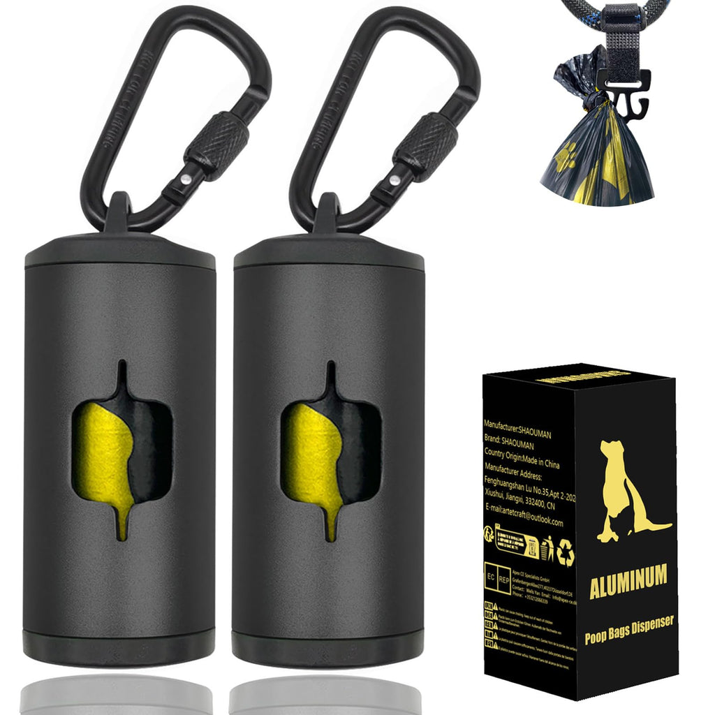 SHAOUMAN Metal Poop Bag Holder 2-Pack – Aerospace Aluminum with Leash Clip, 30 Lavender Bags & Accessories (Black)