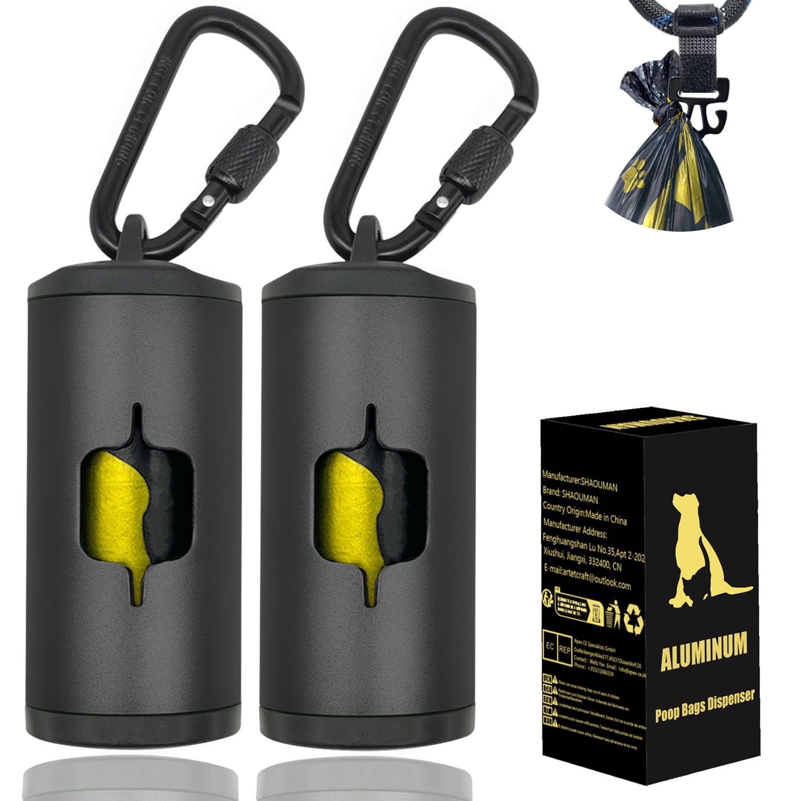 SHAOUMAN Metal Poop Bag Holder 2-Pack – Aerospace Aluminum with Leash Clip, 30 Lavender Bags & Accessories (Black)