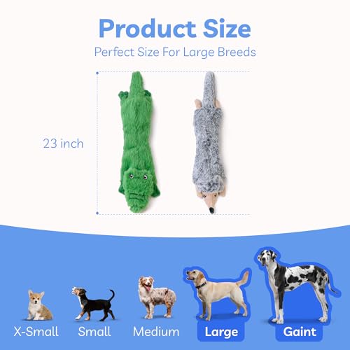 SHARLOVY No Stuffing Dog Squeaky Toys 2 Pack - Plush Crinkle Toys for Large Breeds, Durable Teething Puppy Toy