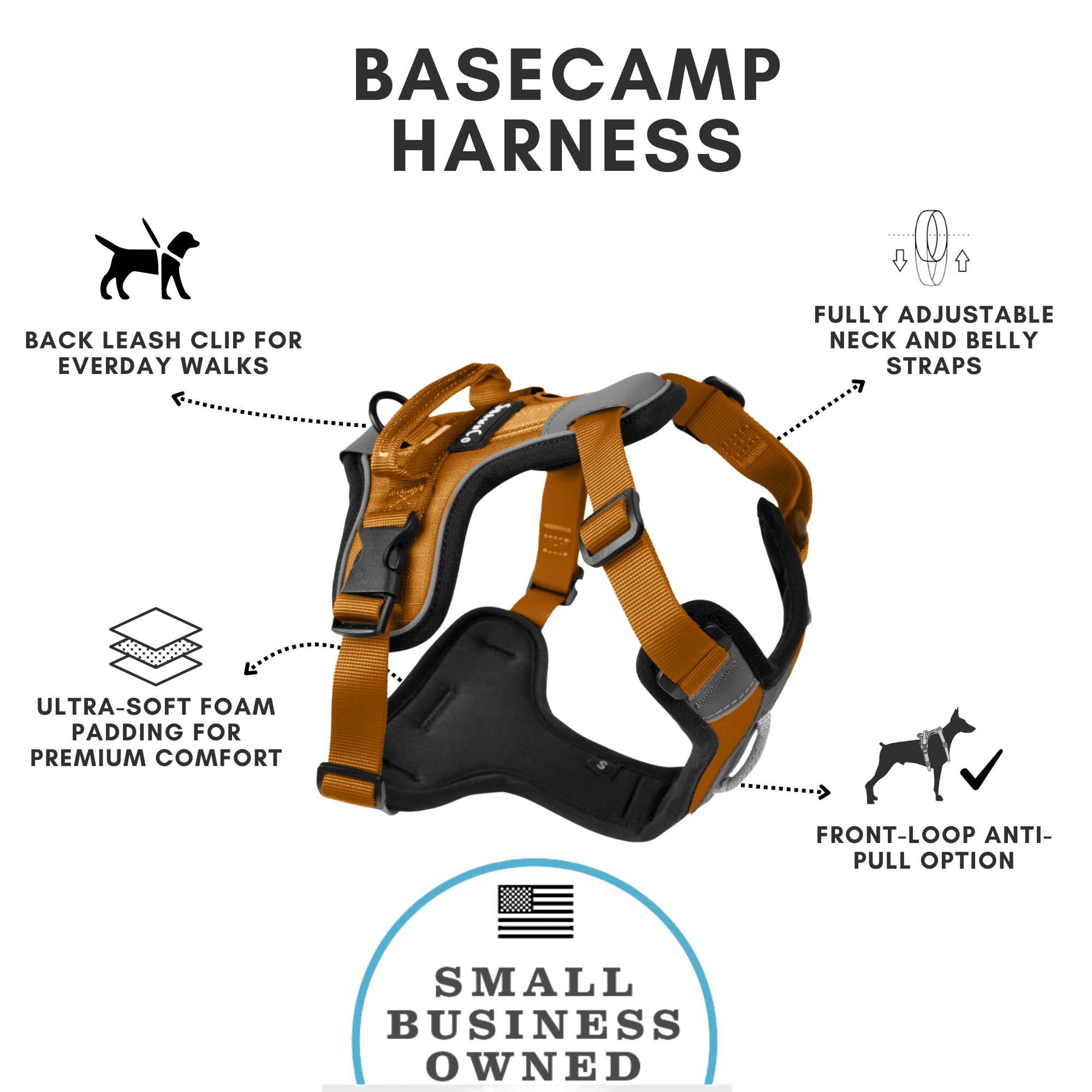 ShawnCo Basecamp No-Pull Dog Harness – Large Sunset Orange Vest with 3 Leash Clips, Padded, Reflective, Adjustable