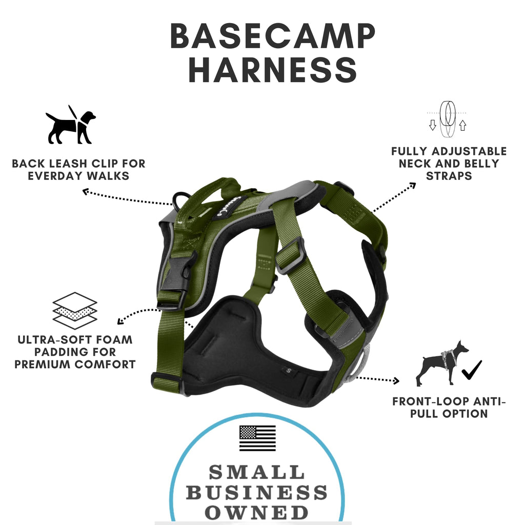 SHAWNCO Basecamp No-Pull Dog Harness, Olive Green Size S, with 3 Leash Clips and Padded Reflective Vest