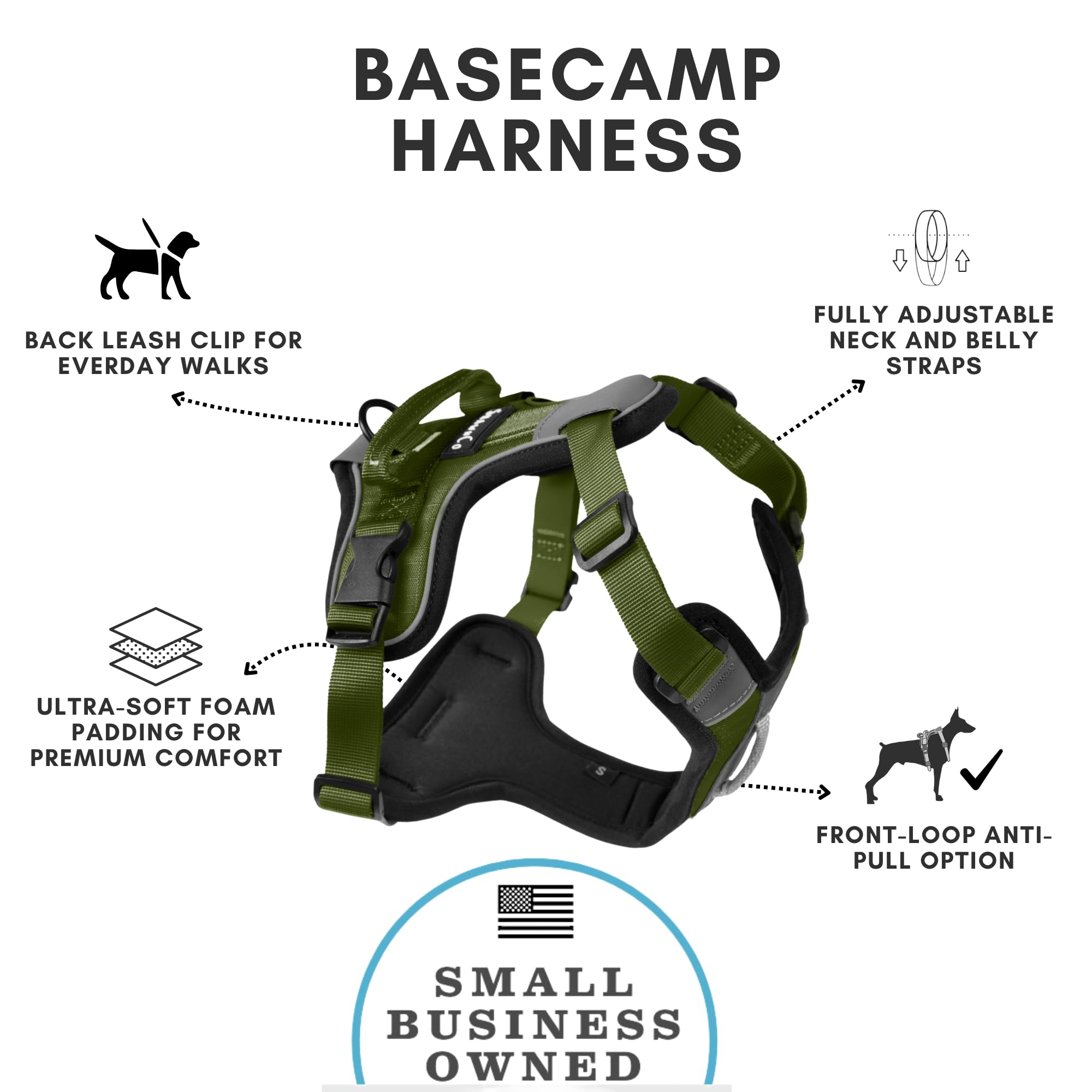 SHAWNCO Basecamp No-Pull Dog Harness, Olive Green Size S, with 3 Leash Clips and Padded Reflective Vest