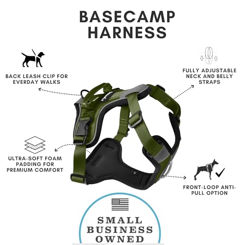 SHAWNCO Basecamp No-Pull Dog Harness, Olive Green Size S, with 3 Leash Clips and Padded Reflective Vest