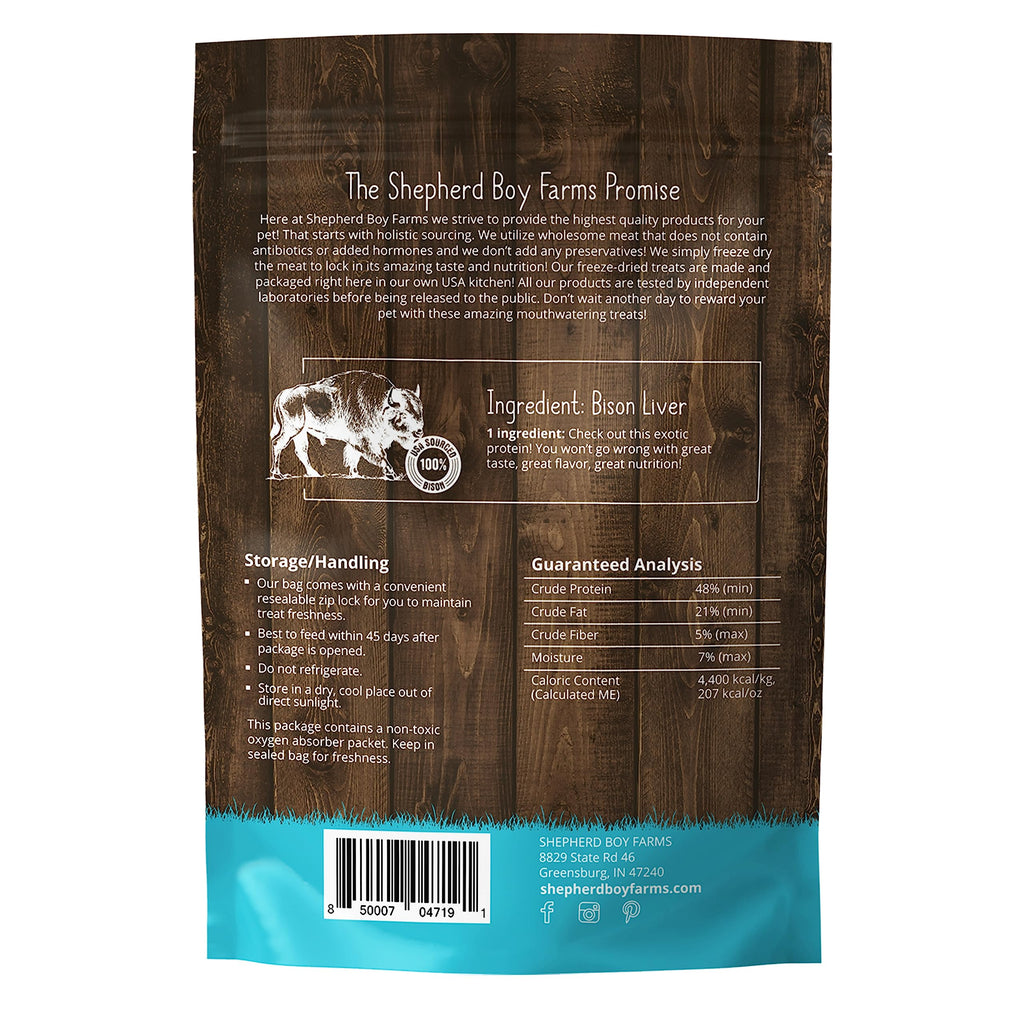 Shepherd Boy Farms Freeze Dried Bison Liver Dog & Cat Treats – Single Ingredient, High Protein, Low Calorie, Made in USA, 3 oz